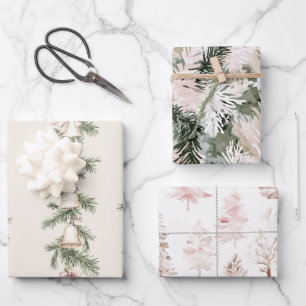 Gold Christmas Bells Pink Trees Wrapping Paper Sheet