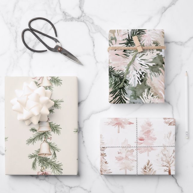 Gold Christmas Bells Pink Trees Wrapping Paper Sheet (Front)