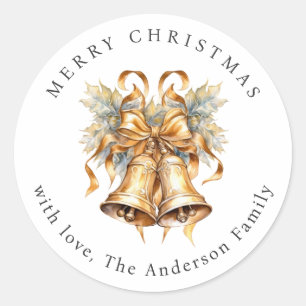 Gold Christmas Bells Ribbon Greenery Holiday Classic Round Sticker