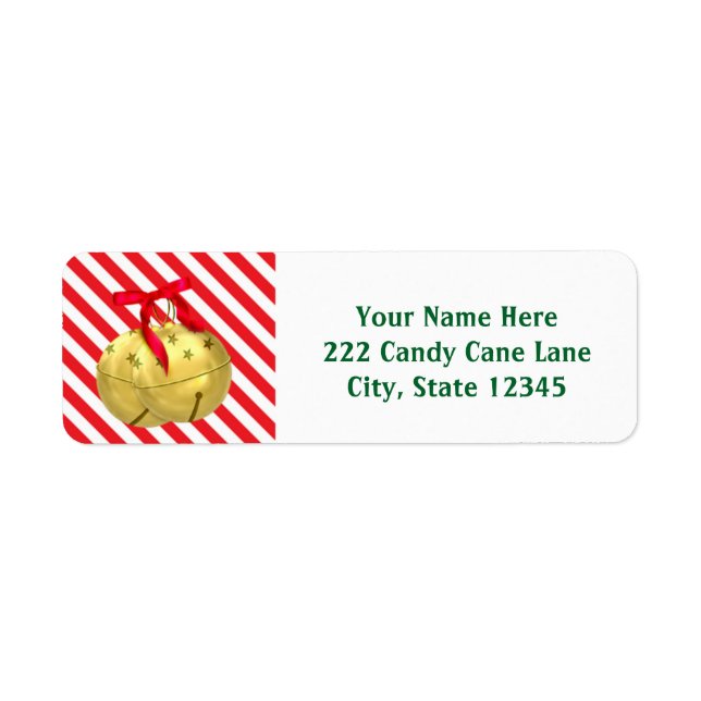 Gold Christmas Bells Stripe Holiday Address Labels (Front)