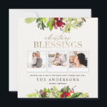 Gold Christmas blessing multi photo plaid, foliage Holiday Card<br><div class="desc">Christmas blessing multi photo plaid and watercolor foliage and gold effect detailing holiday card. Change the background colour to customise the card.</div>