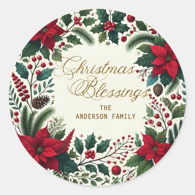 Gold Christmas Blessings Poinsettia Wreath Classic Round Sticker (Front)