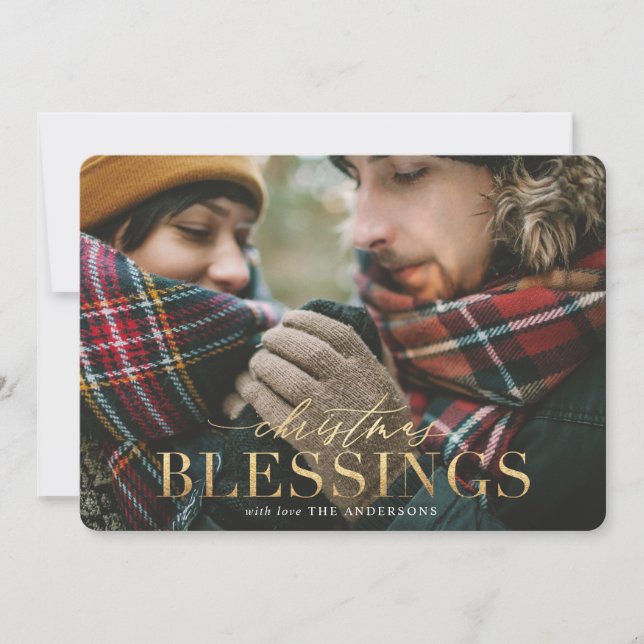 Gold christmas blessings red plaid photo card (Front)