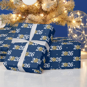 Gold Christmas Bow for 2026 on Blue Wrapping Paper