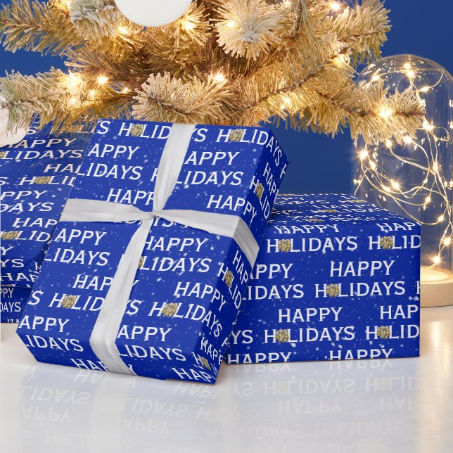 Gold Christmas Bow on Blue Wrapping Paper (Holidays)