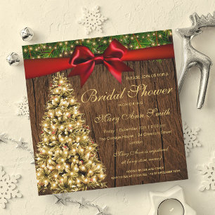Gold Christmas Bridal Shower Tree Lights Ribbon Invitation