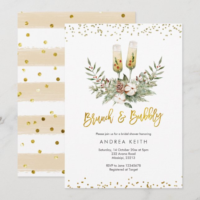 Gold Christmas Brunch and Bubbly Bridal Shower Invitation (Front/Back)