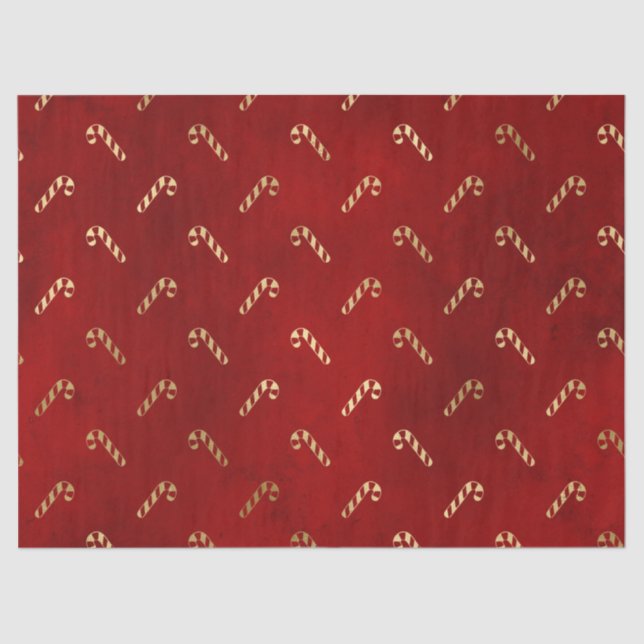 Gold Christmas Candy Cane on Red Decoupage Tissue Paper (Front)