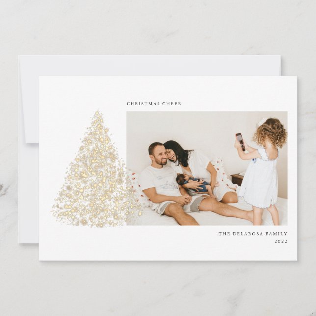 Gold Christmas Cheer Tree Two Photo Holiday Card (Front)