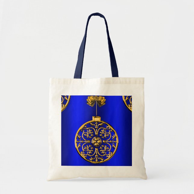 Gold Christmas Decoration on Blue Tote Bag (Front)