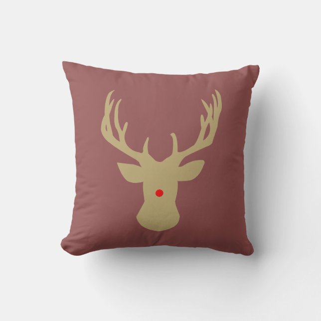 Gold Christmas deer antler pillow with a red nose (Front)
