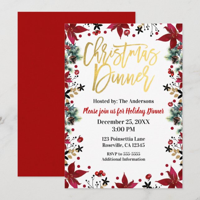 Gold Christmas Dinner Poinsettia Holiday Floral Invitation (Front/Back)