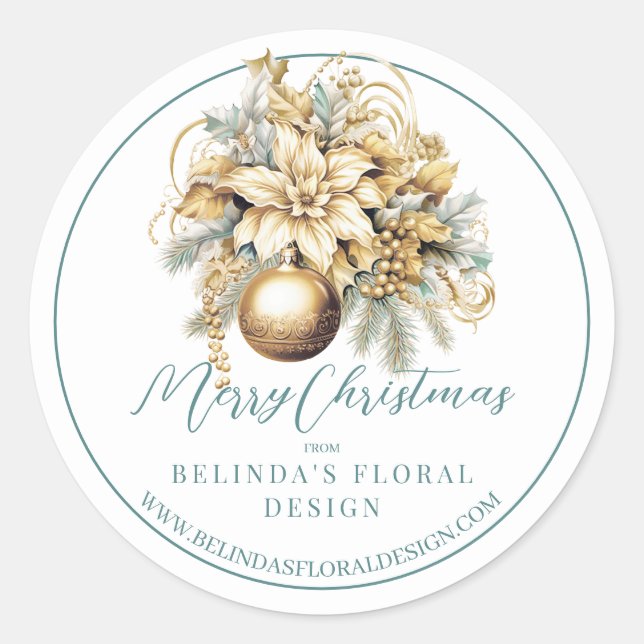 Gold Christmas floral florist flower shop business Classic Round Sticker (Front)