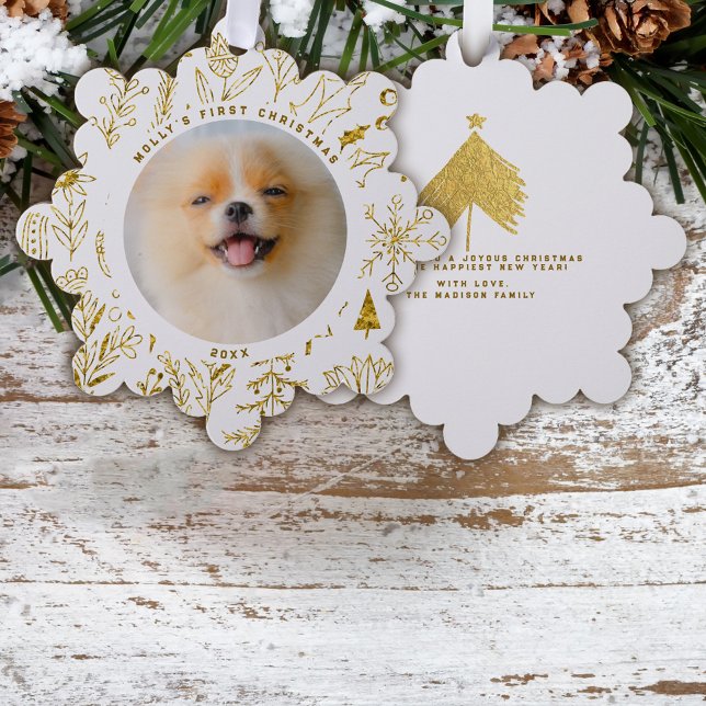 Gold Christmas Floral Pet's First Christmas Photo Tree Decoration Card (Creator Uploaded)