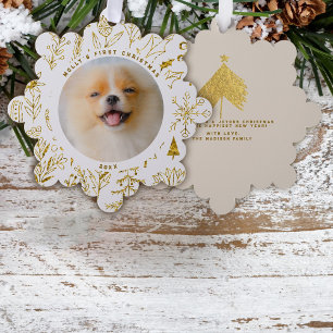 Gold Christmas Floral Pet's First Christmas Photo Tree Decoration Card