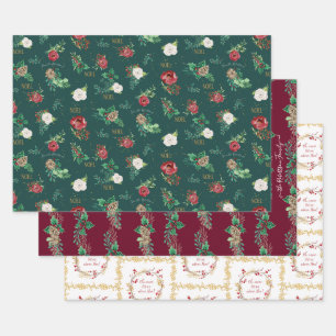Gold Christmas Floral Red Green Watercolor Family Wrapping Paper Sheet