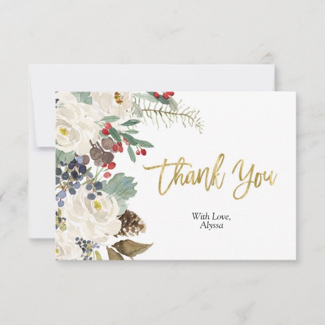 Gold Christmas Floral Thank You card (Front)