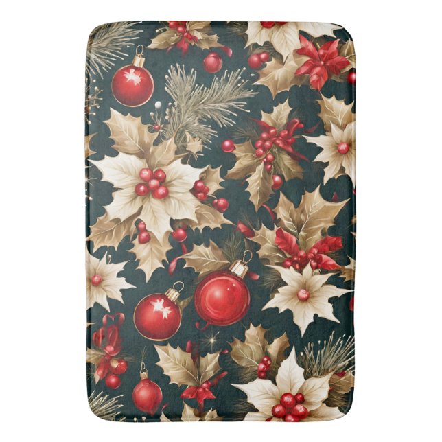gold Christmas flowers, red baubles and berries Bath Mat (Front Vertical)