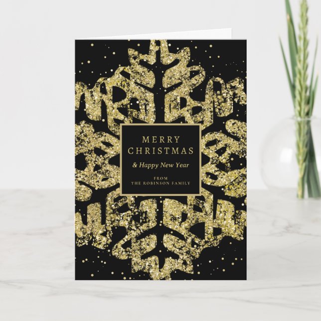 Gold Christmas Glitter Snowflake Corporate Black Holiday Card (Front)