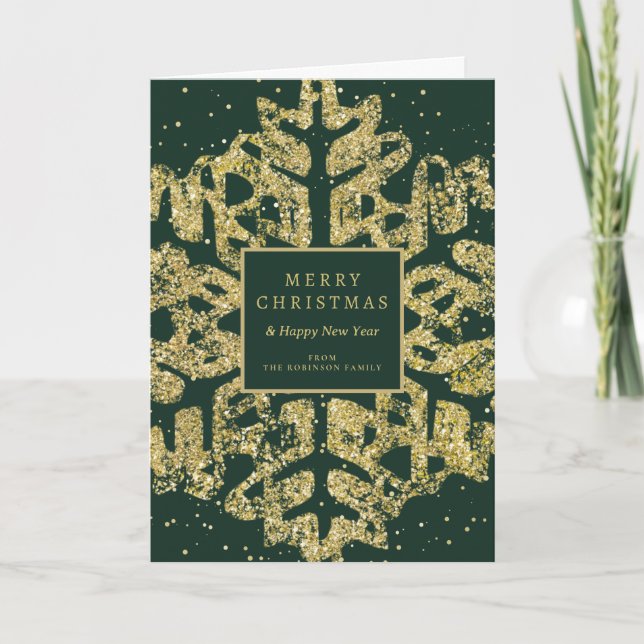 Gold Christmas Glitter Snowflake Corporate Green Holiday Card (Front)