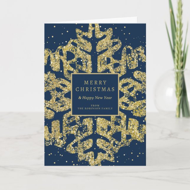 Gold Christmas Glitter Snowflake Corporate Navy  Holiday Card (Front)