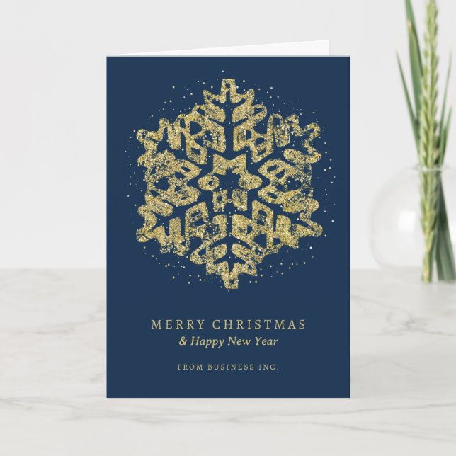 Gold Christmas Glitter Snowflake Corporate Navy Holiday Card (Front)