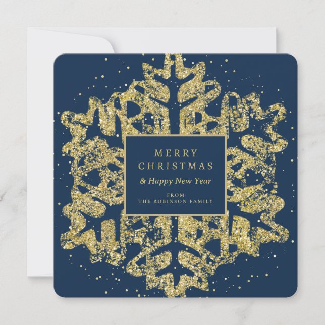 Gold Christmas Glitter Snowflake Family Navy  Holiday Card (Front)