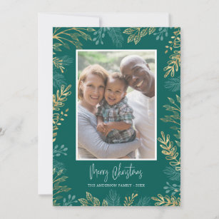 Gold Christmas Greenery on Teal 2 Photo Holiday Card