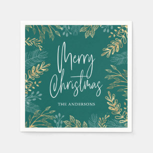 Gold Christmas Greenery Teal Holiday Napkin