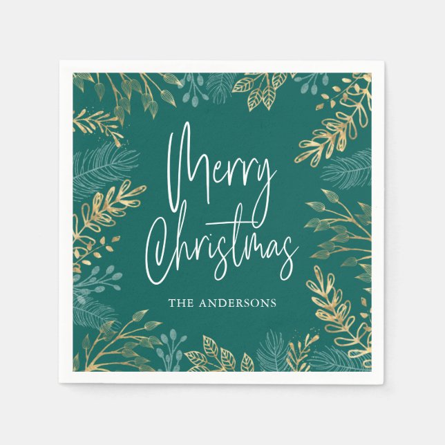 Gold Christmas Greenery Teal Holiday Napkin (Front)