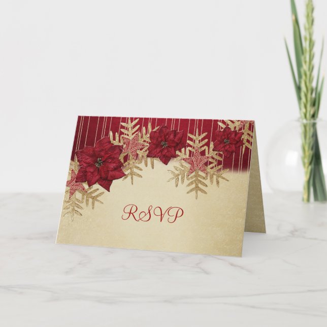 Gold Christmas Holiday Red Stars RSVP card (Front)