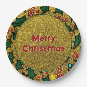 Gold Christmas Holly Artistic Pattern Party Paper Plate