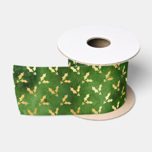 Gold Christmas Holly on Green Satin Ribbon