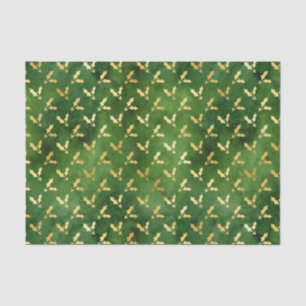 Gold Christmas Holly on Green Tissue Paper