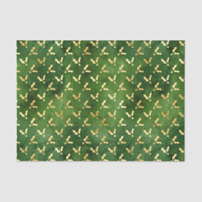 Gold Christmas Holly on Green Tissue Paper (Front)