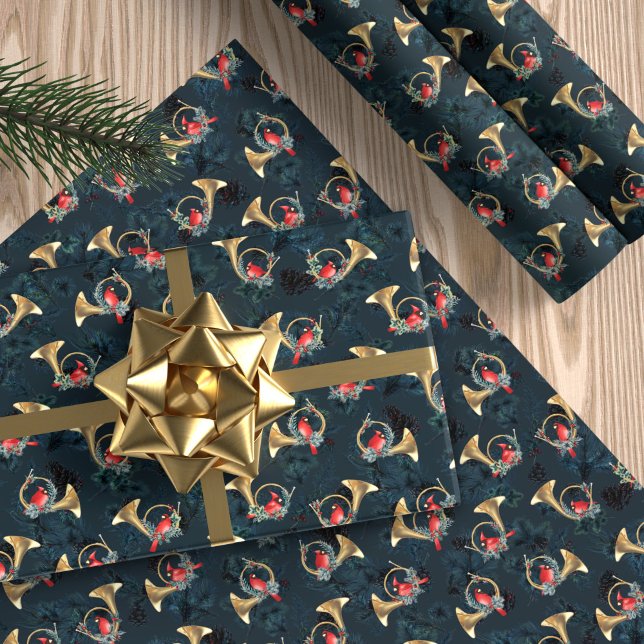 Gold Christmas Horns with Cardinals Dark Blue Wrapping Paper (Creator Uploaded)