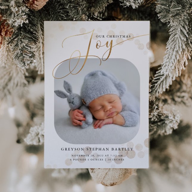 Gold Christmas Joy Baby Photo Birth  Announcement (Creator Uploaded)