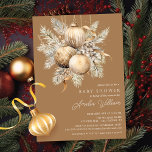Gold Christmas Ornament Baby Shower Invitation<br><div class="desc">This elegant Christmas holiday baby shower invitation features gorgeous watercolor gold Christmas ornaments with delicate pine branches and golden ribbons. The invitation is perfect for celebrating the upcoming mum to be during the holiday season. The front of the invitation features the watercolor gold Christmas ornaments and the mum's name, date,...</div>