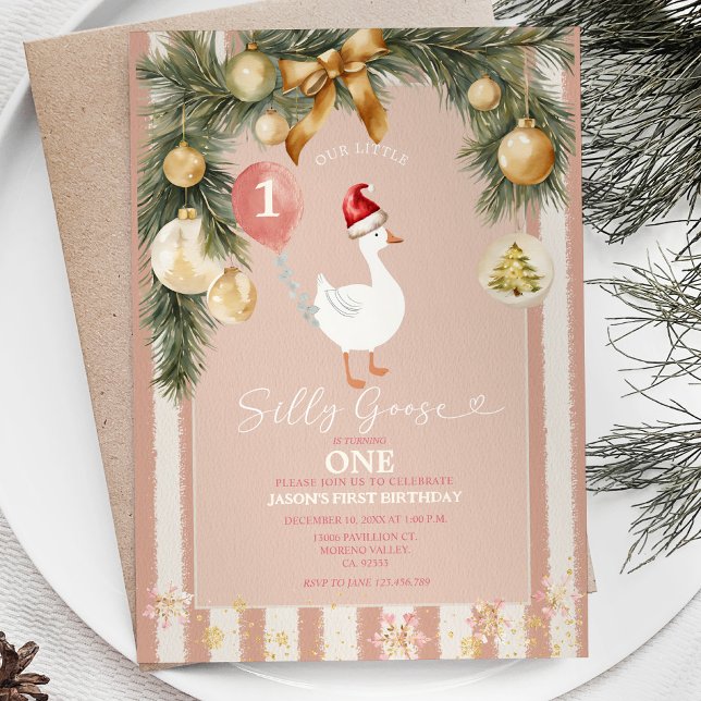 Gold Christmas Ornament Silly Goose 1st Birthday Invitation (Creator Uploaded)