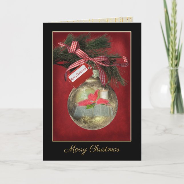 gold Christmas ornament with Bible and poinsettia Card (Front)