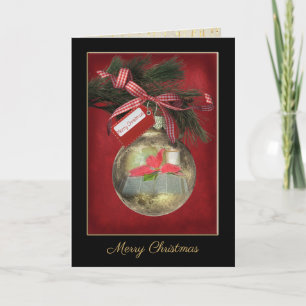 gold Christmas ornament with Bible and poinsettia Card