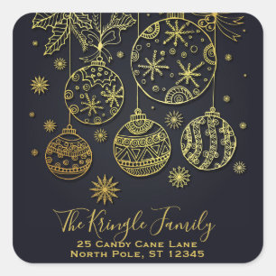Gold Christmas Ornaments Family Return Address Square Sticker