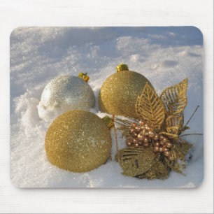Gold Christmas Ornaments in the Snow Mouse Mat