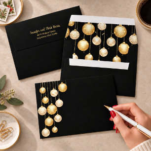 Gold Christmas Ornaments on Black Envelope