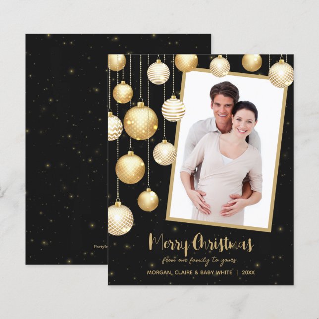 Gold Christmas Ornaments Photo Holiday Cards (Front/Back)