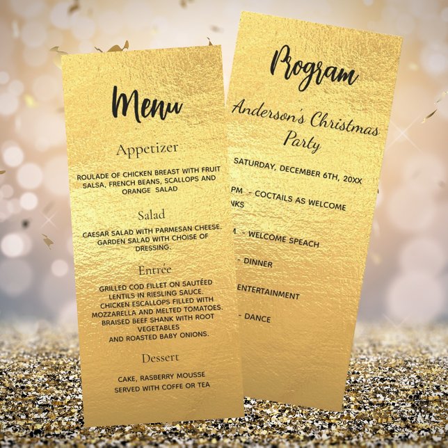 Gold Christmas party program dinner menu card (Creator Uploaded)