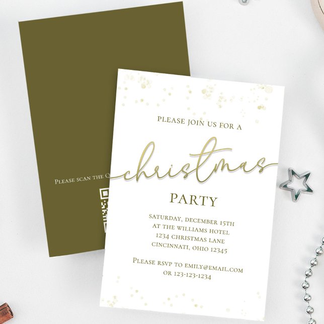 Gold Christmas Party Script Custom Invitation (Holiday party gold gradient calligraphy script invitation. With a scannable QR Code.)