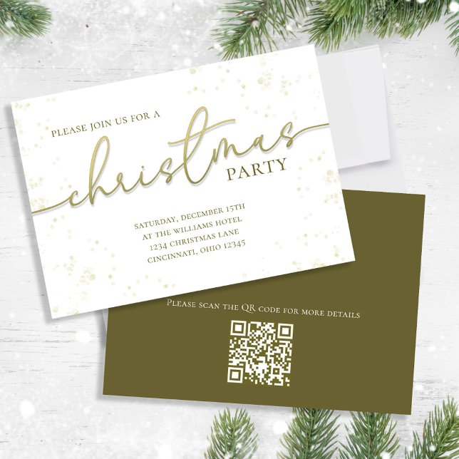 Gold Christmas Party Script Simple Invitation (Christmas party gold gradient calligraphy script invitation. With a modern QR Code. )