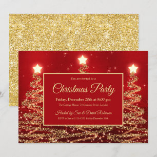 Gold Christmas Party Sparkle Glitter Trees Red Invitation