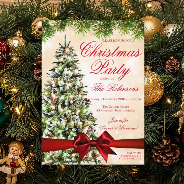 Gold Christmas Party | Xmas Tree Lights & Ribbon Invitation (Gold Christmas Party | Xmas Tree Lights & Ribbon Invitation)